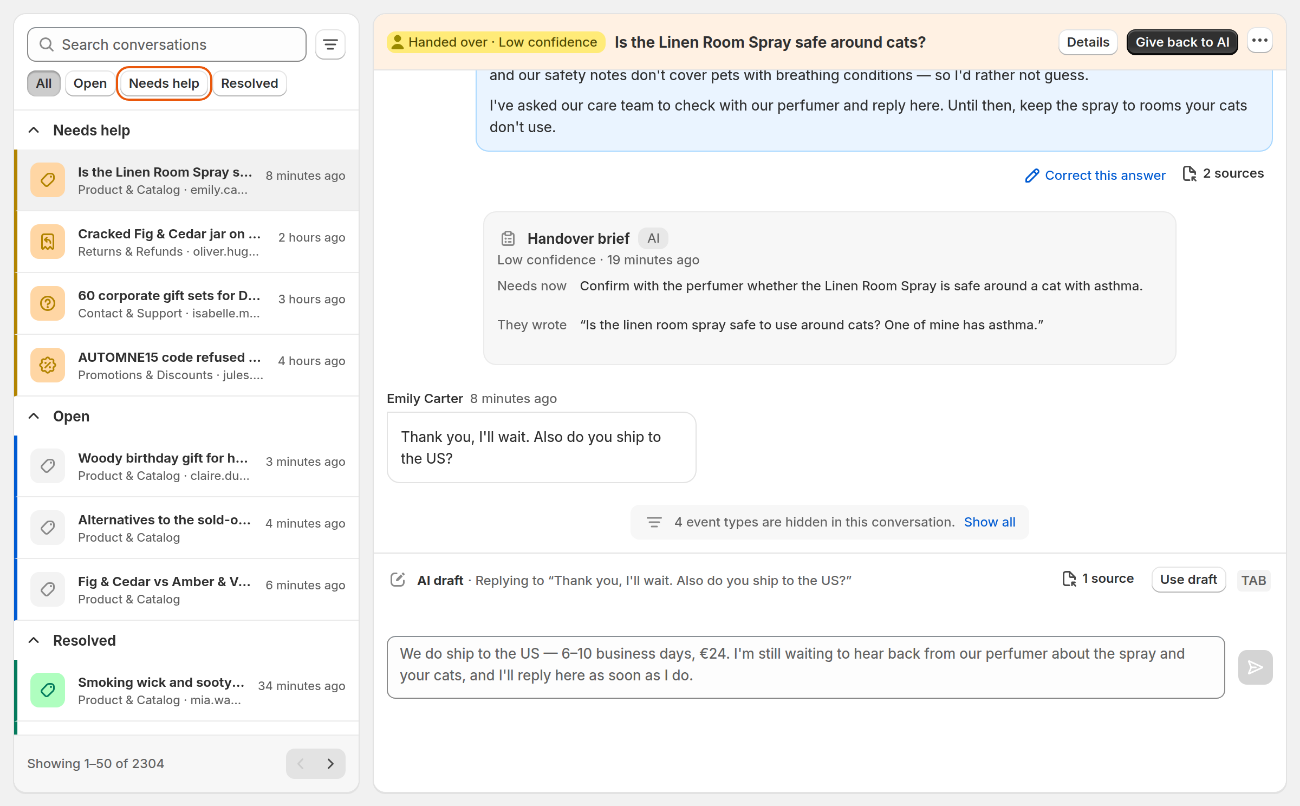 Conversations: the tabs All, Open, Needs help and Resolved, and a conversation that is with the team