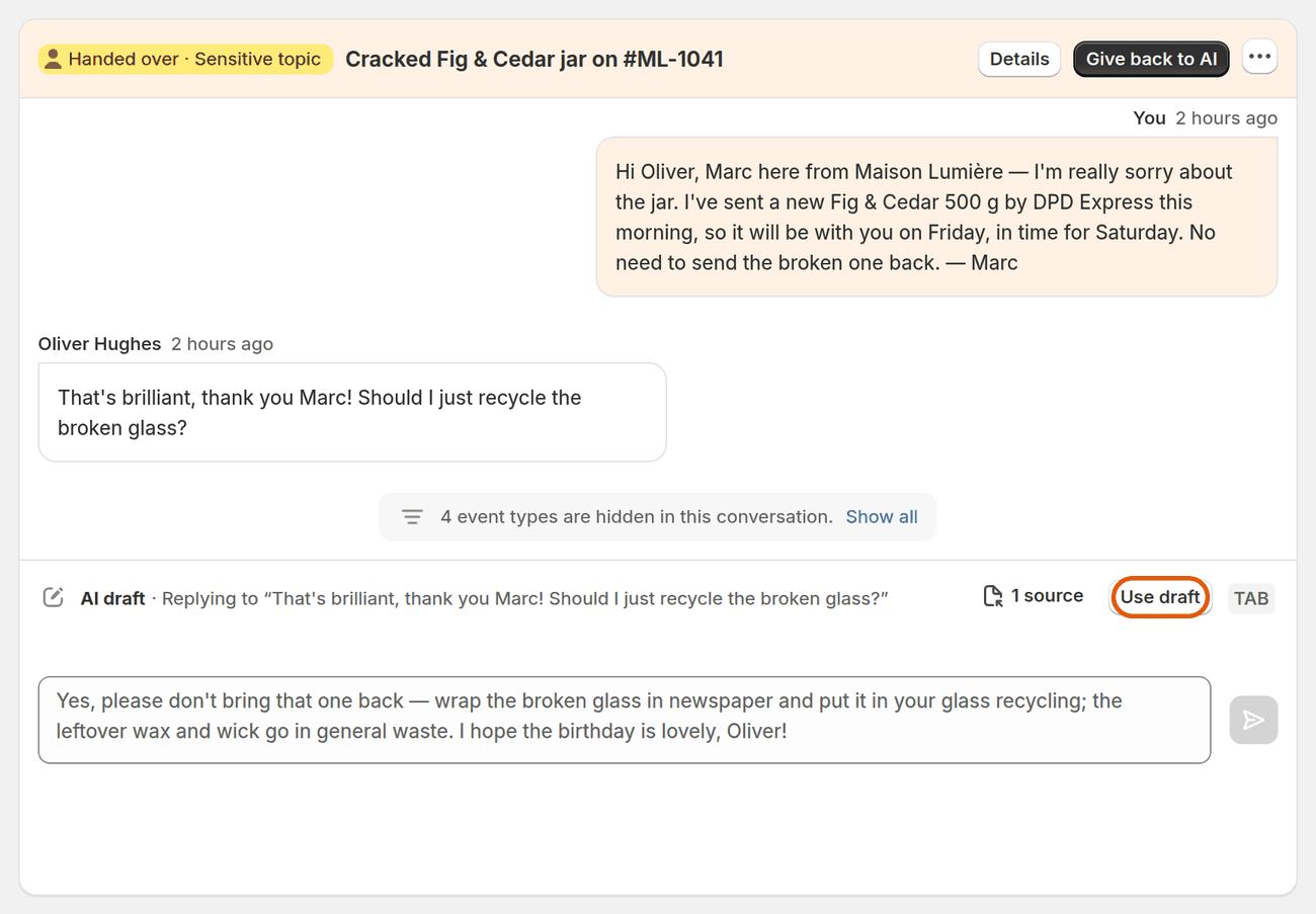 A handed-over conversation with an AI draft and the Use draft button