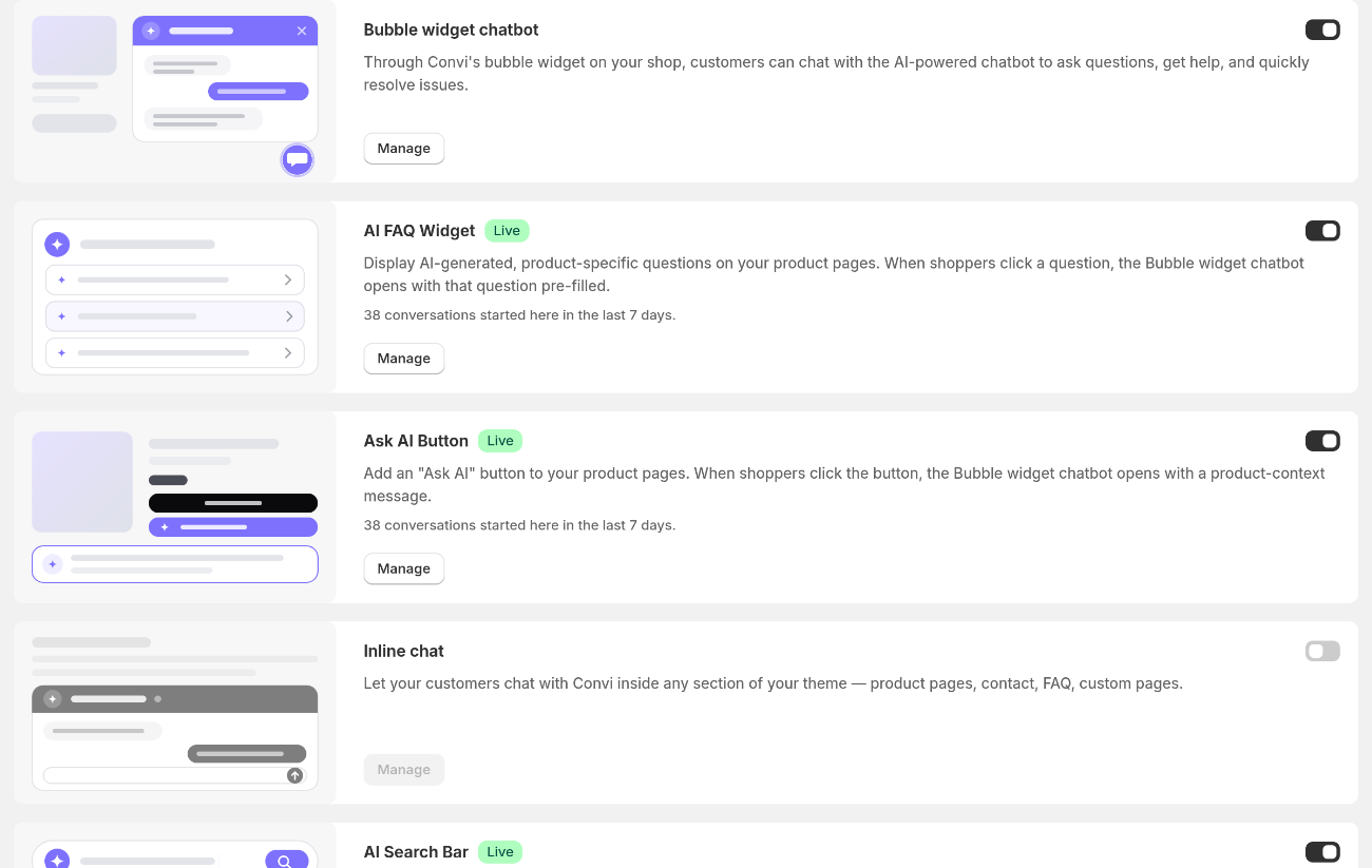 The Widgets page, with the first widget cards and their switches