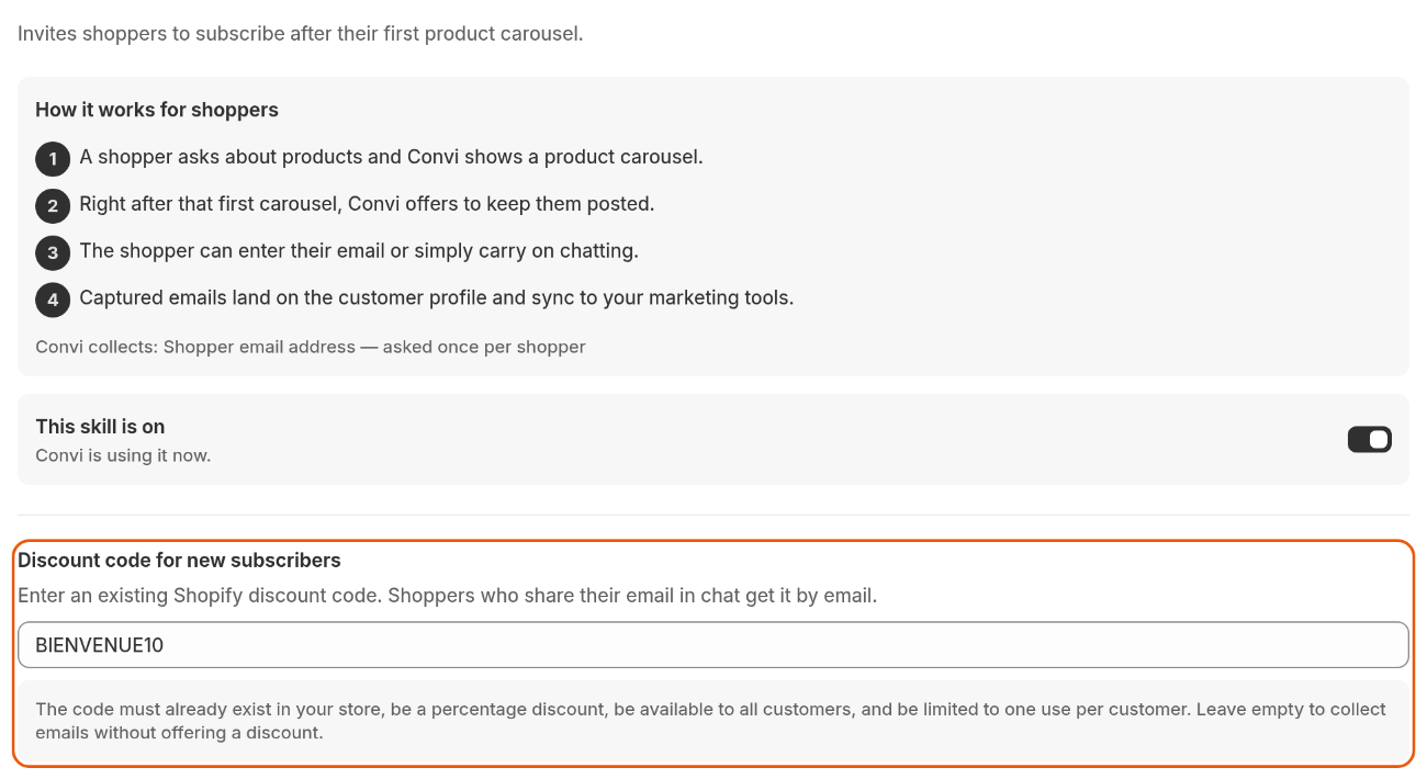 The Lead capture panel: how it works for shoppers, the switch, and the discount code for new subscribers