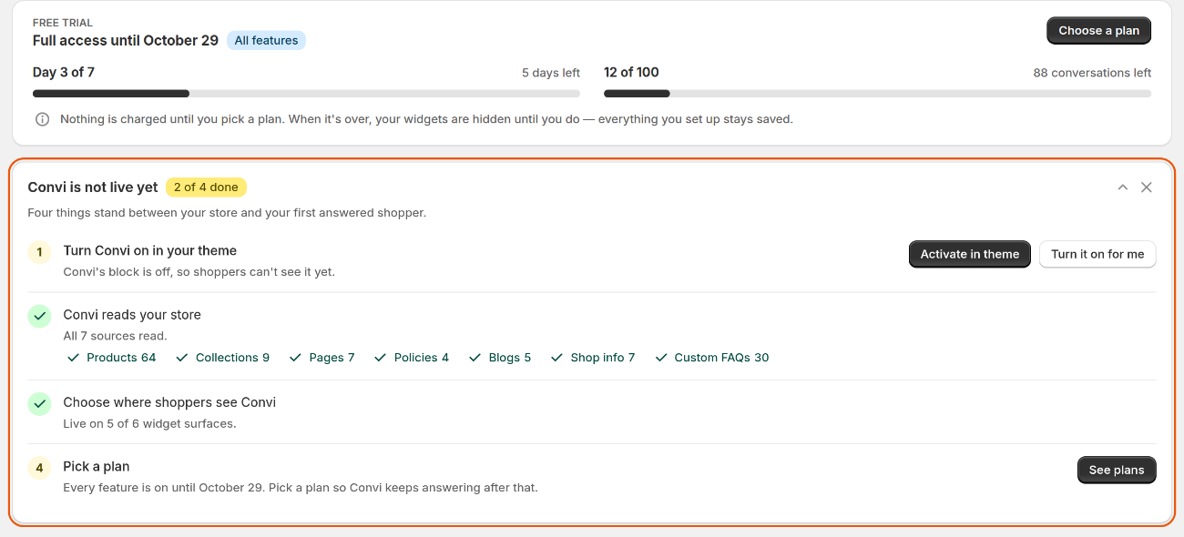Home before shoppers chat: the free trial card and the setup steps card, two of four steps done