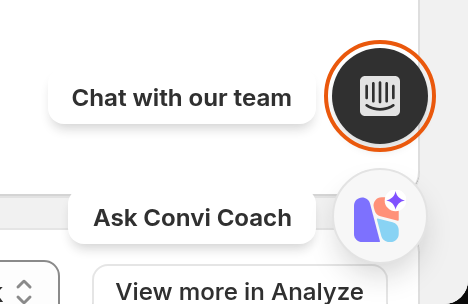 The bottom right of the Convi admin, with Chat with our team above Ask Convi Coach