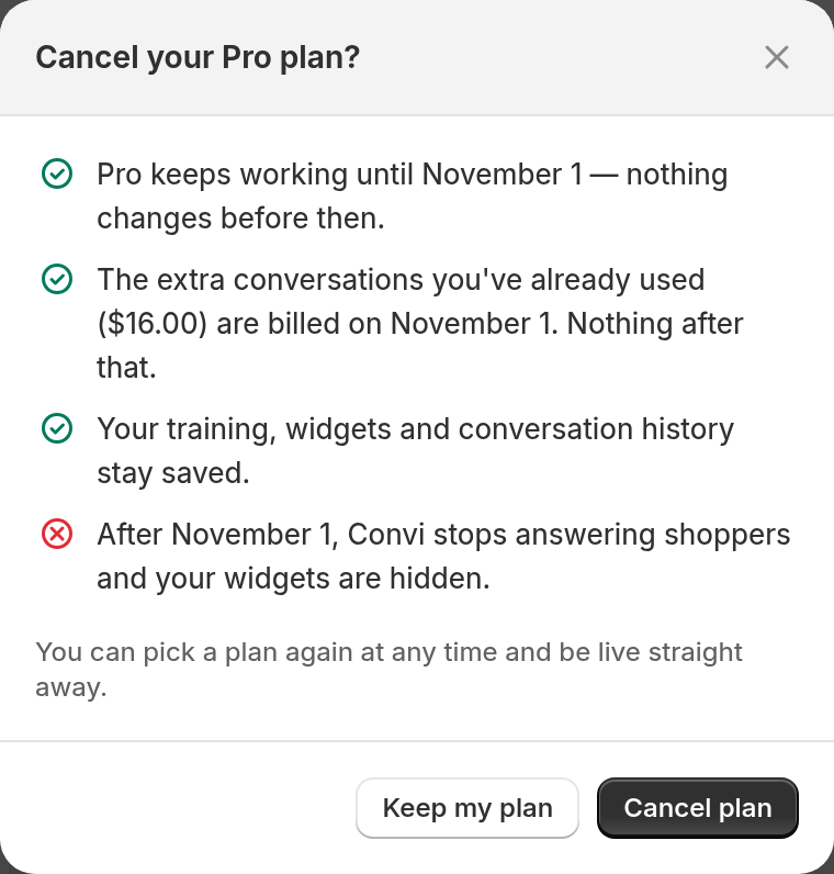 The Cancel plan window, with the date the plan stops