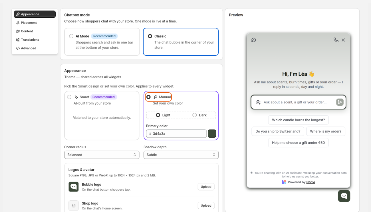 The Bubble widget's Appearance section: Chatbox mode, the Smart or Manual theme, and the preview