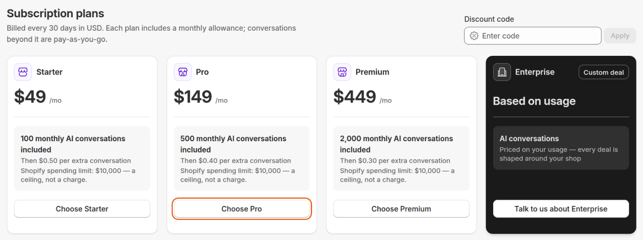Plan cards for Starter, Pro and Premium with prices and Choose buttons, and Enterprise with Talk to us about Enterprise