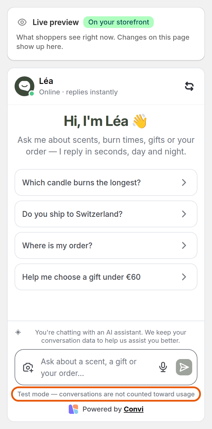 The live preview in Learn, in test mode