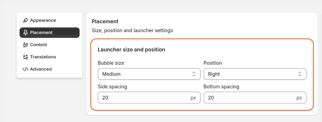 The Placement section with Bubble size, Position, Side spacing and Bottom spacing
