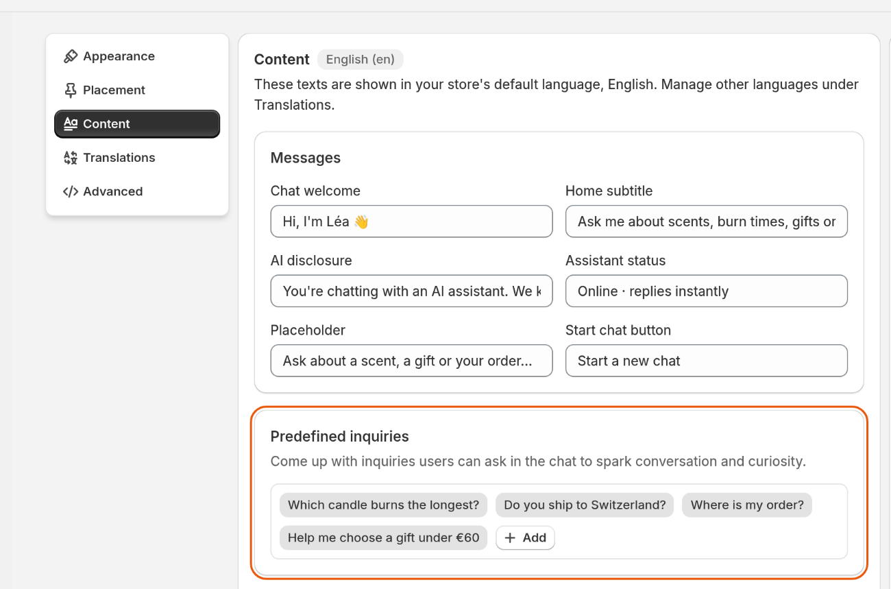 The Content section: the chat's messages and its predefined inquiries