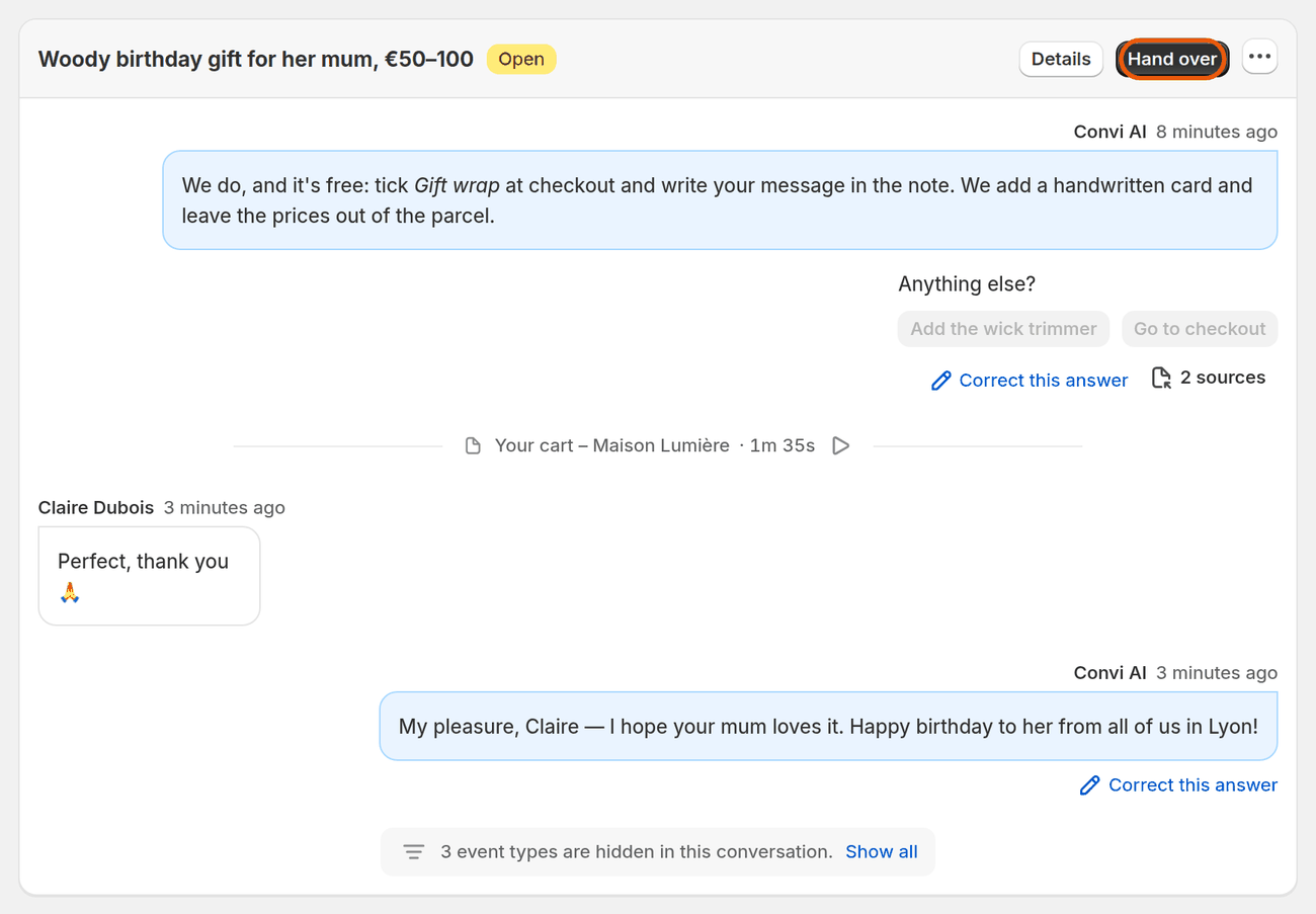 A conversation the AI is answering, with the Hand over button at the top