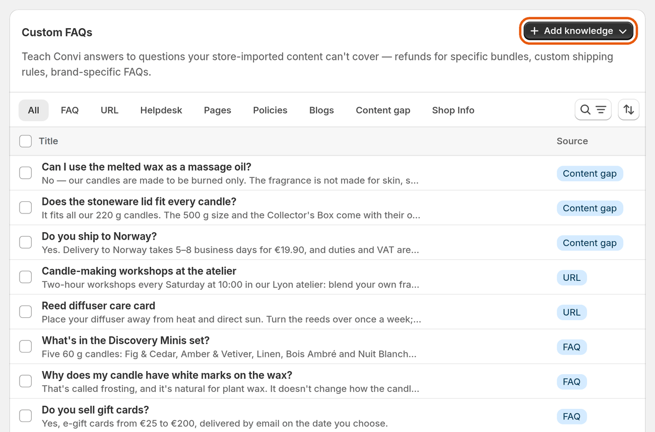 Learn › Knowledge, with the Add knowledge button and each entry's source
