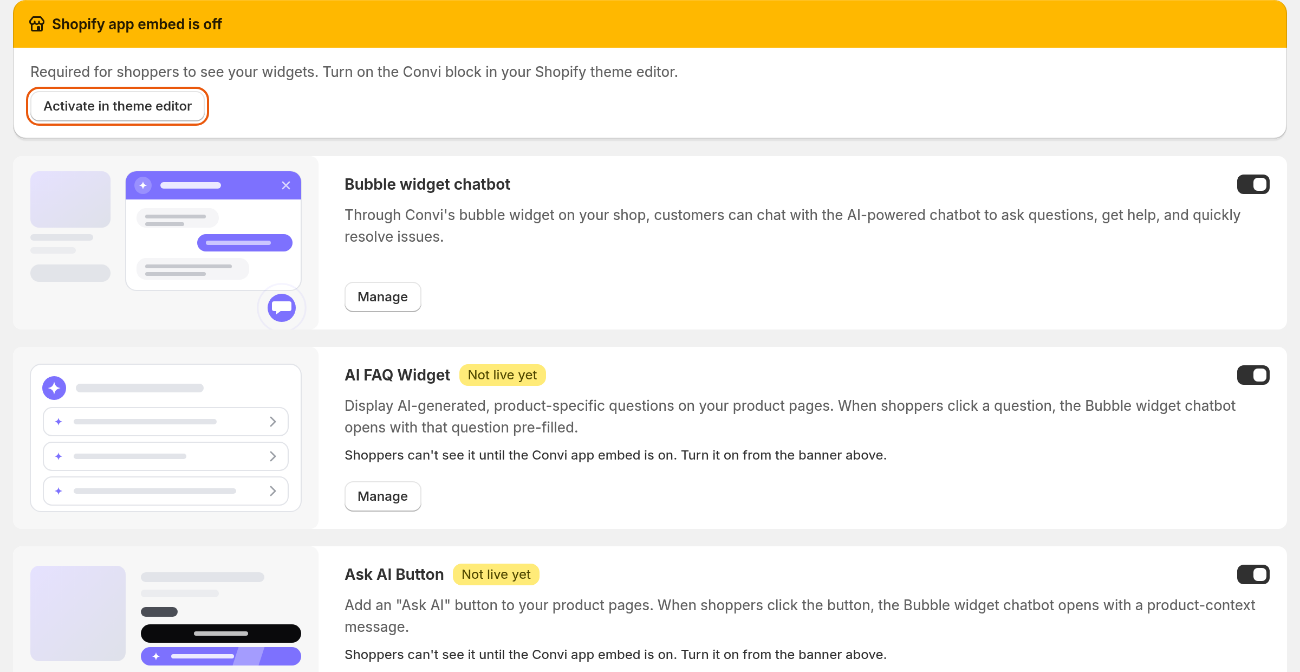 The Widgets page with the banner that says the Shopify app embed is off